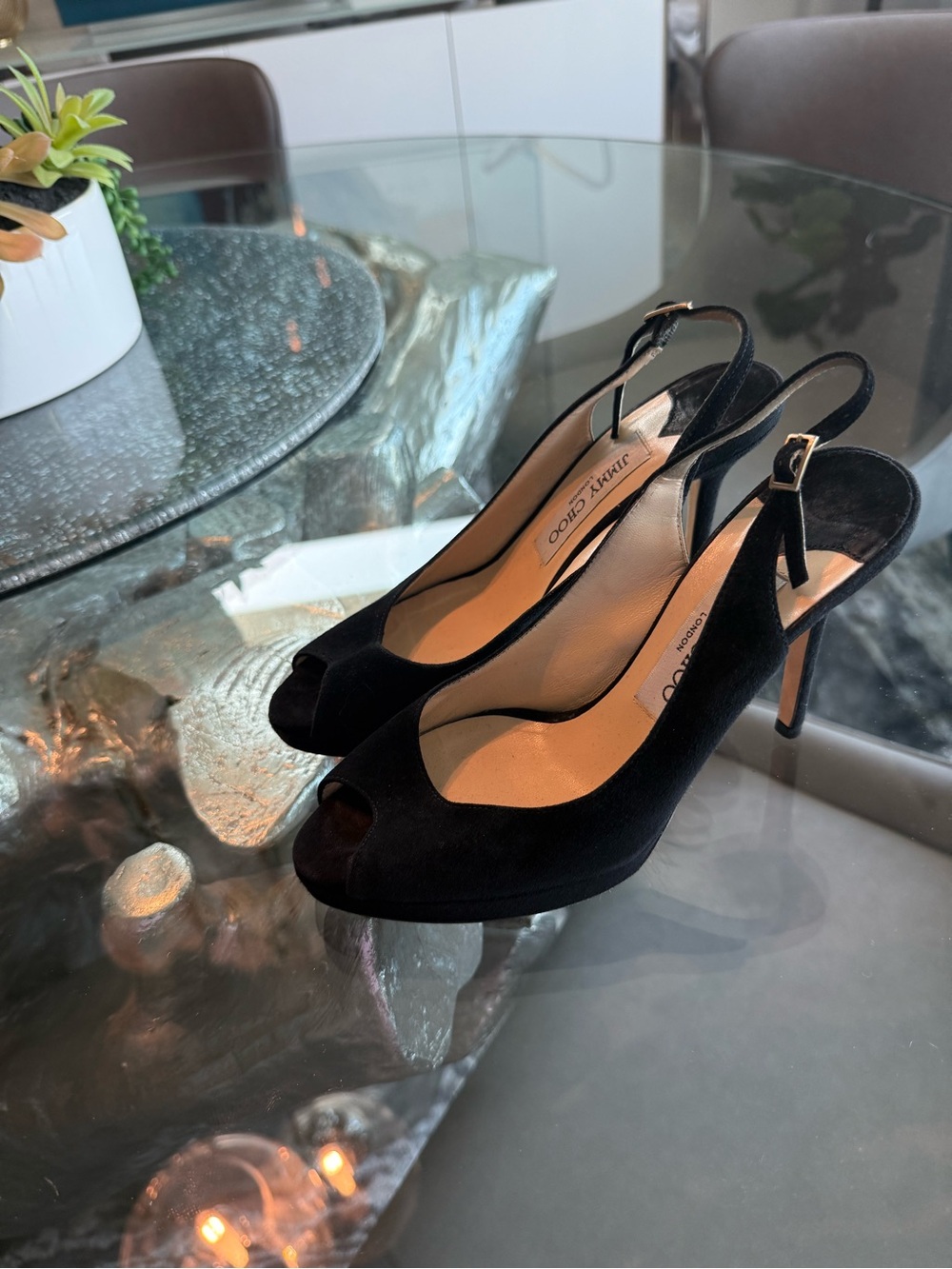 Jimmy Choo Black Suede Peep-Toe Slingback Heels - Picture 2 of 7